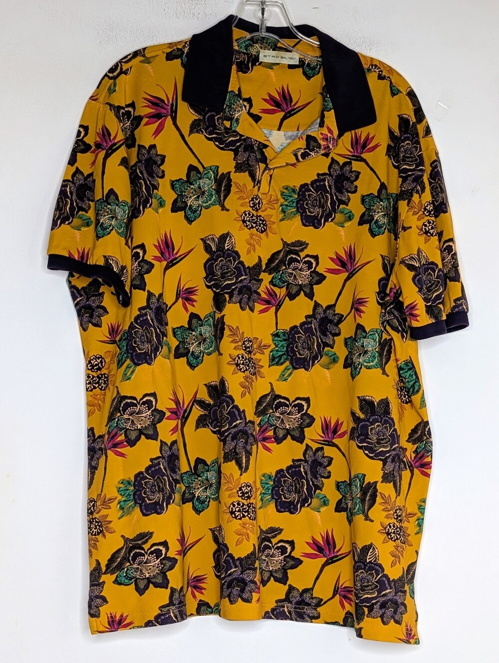Etro Men's Tropical Flora Print Polo Shirt in Apricot and Purple 3XL , Italy